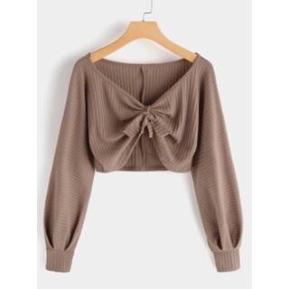👉 Sweatshirt kaki other One Size vrouwen Khaki Self-tie Design Deep V Neck Knitted Crop