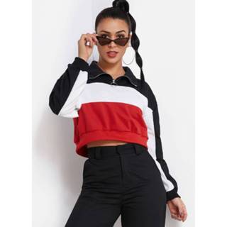 👉 Pullover rood polyester One Size vrouwen color block Colorblock Zipper Front Crop Sweatshirt in Red