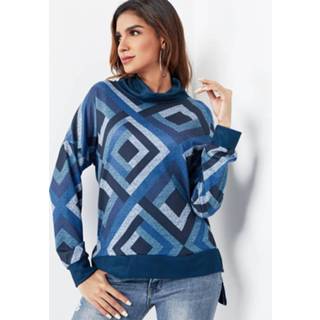 👉 Shirt polyester One Size vrouwen multi Navy Geometrical Pattern Long Sleeves Turtleneck Tee