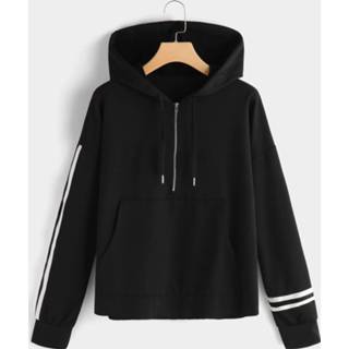 👉 Hoodie zwart cotton One Size vrouwen Black Pouch Pocket Zip Design Sweatshirt