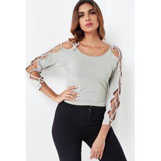 👉 Shirt grijs cotton One Size vrouwen Grey Lace-up Sleeves Bodycon Tee