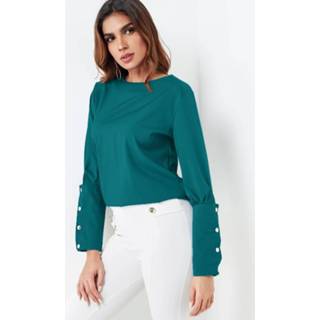 👉 Shirt donkergroen polyester One Size vrouwen Green Crew Neck Long Sleeves Button Design Blouse