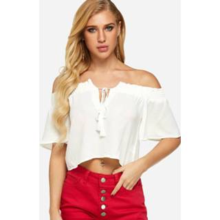 👉 Shirt wit polyester One Size vrouwen White Off Shoulder Bell Sleeves Tie-up Design Top