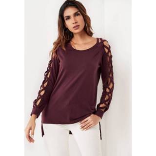 👉 Shirt other One Size vrouwen burgundy Lace-up Design Round Neck Long Sleeves Tee