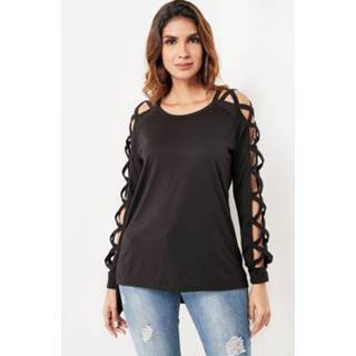 👉 Shirt zwart other One Size vrouwen Black Lace-up Design Round Neck Long Sleeves Tee
