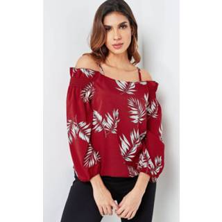 👉 Blous One Size vrouwen burgundy Ruffle Trim Random Leaf Print Cold Shoulder Blouse