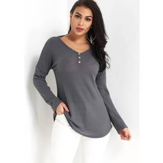 👉 Shirt grijs other One Size vrouwen Grey Single Breasted Design V-neck Long Sleeves Knitted T-shirt