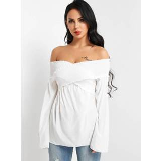 Shirt wit spandex One Size vrouwen White Elastic Off Shoulder Flared Sleeve Pleated Top