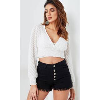 👉 Shirt wit other One Size vrouwen White Lace Deep V Neck Lantern Sleeves Crop Blouse