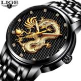 👉 Watch goud steel Men Watches Top Brand LIGE Luxury Gold Dragon Sculpture Quartz Full Waterproof Wristwatch relogio masculino