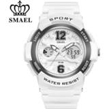 👉 Watch wit PU vrouwen SMAEL White Watchband Women Dual Display Wristwatches Women's Quartz Lady Fashion Watches 30M Waterproof Relojes Mujer