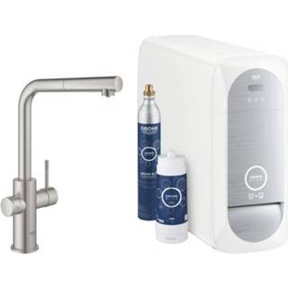 👉 Keukenkraan blauw messing supersteel Grohe Blue Home 1-gats m. duo L-uitloop uittrekbaar starterkit Wifi bluetooth Chilled & Sparkling 3x gekoeld + bruisend water 31539DC0 4005176437021