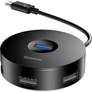 👉 Zwart Baseus Round Box 4-port USB 3.0 Hub met USB-C Kabel - 5712579990402