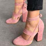 Shoe roze suede vrouwen Women Pink Elegant Sexy Ankle Straps High Square Heels Shoes Spring Summer Ladies Bridal Round Head Thick Heel Sandals